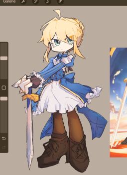 1girl :/ ahoge ankle_boots armor art_program_in_frame artoria_pendragon_(fate) back_bow black_gloves black_jacket blue_bow blue_eyes blue_ribbon boots bow braid brown_boots brown_pantyhose bun_with_braided_base buttons caitoayu cartoonized closed_mouth deformed double-breasted dress excalibur_(fate/stay_night) expressionless fate/stay_night fate_(series) fingerless_gloves full_moon gloves grey_background hair_bun hair_intakes hands_on_hilt high_heel_boots high_heels honkai:_star_rail honkai_(series) jacket juliet_sleeves lace-up_boots long_sleeves looking_at_viewer medium_dress moon neck_ribbon panty_&amp;_stocking_with_garterbelt_(style) pantyhose parody pauldrons planted planted_sword planted_weapon procreate_(medium) procreate_(software) puffy_sleeves reference_inset ribbon saber_(fate) saber_(honkai:_star_rail)_(fate) shoulder_armor simple_background single_hair_bun single_pauldron solo standing style_parody sword toon_(style) weapon white_dress