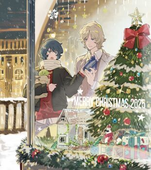 2025 2boys :o black_jacket blonde_hair blue_eyes blue_hair box brown_coat brown_vest char_aznable christmas christmas_ornaments christmas_tree closed_mouth coat collared_shirt display_case fence gift gift_box grey_pants gundam gundam_cafe haro highres holding holding_gift jacket kamille_bidan long_sleeves male_focus merry_christmas multiple_boys official_alternate_costume open_clothes open_coat open_jacket open_mouth outdoors pants quattro_bajeena red_sweater scarf shirt short_hair smile snow snowflakes snowing striped_clothes striped_scarf sweater vest white_scarf white_shirt wing_collar winter winter_clothes xing_20 zeta_gundam