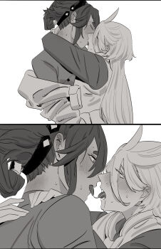 2girls absurdres after_kiss ahoge arms_around_neck blush commentary_request drooling ear_blush eye_contact french_kiss greyscale gundam gundam_suisei_no_majo hairband hand_on_another&#039;s_shoulder highres hug kiss korean_commentary long_hair long_sleeves looking_at_another miorine_rembran monochrome multiple_girls neck_blush saliva saliva_trail snapagi suletta_mercury sweat thick_eyebrows tongue tongue_out upper_body yuri