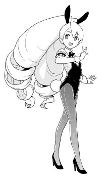 1girl animal_ears black_leotard black_shoes commentary_request drill_hair fake_animal_ears greyscale heriyama high_heels highres leotard long_hair luna_platz_(mega_man) mega_man_(series) mega_man_star_force_(series) monochrome open_mouth pantyhose playboy_bunny rabbit_ears rabbit_tail shoes simple_background smile tail twin_drills very_long_hair white_background wrist_cuffs