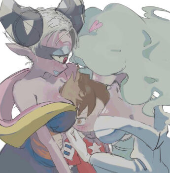 1boy 2girls age_difference amano_keita aqua_hair bad_id bad_pixiv_id bare_shoulders between_breasts blush breasts brown_eyes brown_hair collarbone colored_skin commentary_request cyclops en&#039;enra enraenra_(youkai_watch) floating_hair fuumin_(youkai_watch) hair_horns hair_over_one_eye half-closed_eyes head_between_breasts heart hetero japanese_clothes kimono large_breasts long_hair monster_girl multiple_girls one-eyed onee-shota open_mouth pink_eyes plosauq8q733113 pointy_ears purple_skin red_shirt shirt short_hair simple_background star_(symbol) traditional_youkai white_background white_hair youkai_(youkai_watch) youkai_watch youkai_watch_2