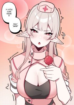 1girl absurdres blush breasts bright_pupils candy cleavage cleavage_cutout clothing_cutout commentary double-parted_bangs dress ear_blush elf english_commentary food grey_hair hand_up hat highres holding holding_candy holding_food holding_lollipop incoming_food large_breasts lollipop long_hair looking_at_viewer mirui09 nurse nurse_cap open_mouth original pink_background pink_dress pink_hat pointy_ears red_eyes short_sleeves solo trembling upper_body white_pupils