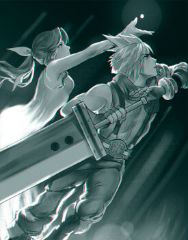 1boy 1girl aerith_gainsborough armor armored_gloves baggy_pants bare_arms bare_shoulders battle belt boots breasts buster_sword cloud_strife dress final_fantasy final_fantasy_vii fingerless_gloves gloves glowing_hands hair_between_eyes hair_ribbon holding holding_sword holding_weapon hollyfig long_dress long_hair materia medium_breasts monochrome outstretched_arms pants parted_bangs parted_lips pauldrons ponytail ribbon short_hair shoulder_armor sidelocks single_bare_shoulder single_pauldron sleeveless sleeveless_dress sleeveless_turtleneck spiked_hair suspenders sword turtleneck upper_body weapon