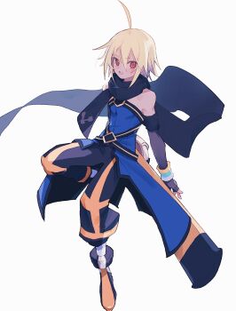 Rule 34 | 1boy, absurdres, ahoge, bare shoulders, black gloves, black scarf, blonde hair, blue shirt, blush, boots, commentary request, elbow gloves, emil castagnier, fingerless gloves, gloves, hair between eyes, highres, male focus, nancykittyu, pants, scarf, shirt, simple background, smile, solo, standing, standing on one leg, sword, sword on back, tales of (series), tales of symphonia, tales of symphonia: dawn of the new world, weapon, weapon on back, white background, wristband