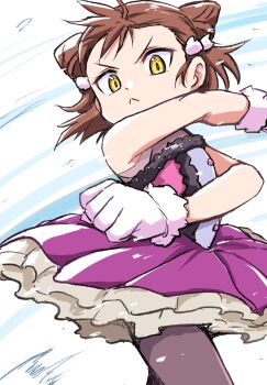 Rule 34 | 1girl, :<, black pantyhose, brown hair, closed mouth, cone hair bun, double bun, dress, figure skating, figure skating dress, from side, frown, gloves, hair bun, hair pulled back, highres, looking at viewer, medalist (manga), miketa ryouka, motion blur, pantyhose, purple dress, short dress, short hair, sleeveless, sleeveless dress, solo, uraki, v-shaped eyebrows, white gloves, yellow eyes