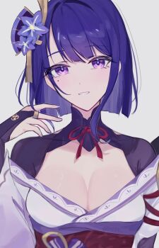 1girl alternate_hair_length alternate_hairstyle armor blue_pupils blunt_bangs blurry blurry_foreground breasts bridal_gauntlets cleavage close-up collarbone commentary_request fan_hair_ornament flower flower_ornament genshin_impact gradient_hair hair_intakes hair_ornament head_tilt highres japanese_clothes kimono large_breasts light_blush looking_at_viewer mitsudomoe_(shape) moe_(lmi84) mole mole_under_eye multicolored_eyes multicolored_hair neck_ribbon off_shoulder parted_lips purple_eyes purple_flower purple_hair purple_kimono purple_nails raiden_shogun red_ribbon red_sash ribbon sash shade short_hair shoulder_armor smile solo standing straight_hair streaked_hair teeth tomoe_(symbol) upper_body wide_sleeves