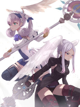 2girls absurdres blue_eyes braid breasts cape crown_braid curly_hair dress gloves head_wings highres juliet_sleeves long_hair long_sleeves medium_breasts melia_antiqua multiple_girls puffy_sleeves remaco short_dress siblings simple_background sisters smile staff thighhighs tyrea_(xenoblade) upper_body wings xenoblade_chronicles:_future_connected xenoblade_chronicles_(series) xenoblade_chronicles_1