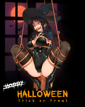 1girl arms_behind_back ball_gag bat_(animal) bdsm black_hair bondage boots bound breasts cameltoe cape choker commentary covered_navel earrings english_commentary engrish_commentary frogtie gag gagged green_eyes halloween halloween_costume happy_halloween hat hidden_(pixiv_46421548) high_heel_boots high_heels highres jewelry large_breasts leotard long_hair original rope solo suspension thighhighs trick_or_treat wiffle_gag window witch_hat