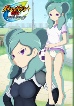 1girl ball barefoot beta_(inazuma_eleven) black_vest bodysuit bow bow_panties closed_mouth commentary_request flying_sweatdrops full_body green_hair green_panties grey_bodysuit highres inazuma_eleven_(series) inazuma_eleven_go inazuma_eleven_go_chrono_stone long_sleeves mono_ross multiple_views no_pants panties pink_bow purple_eyes purple_shirt shirt standing underwear vest