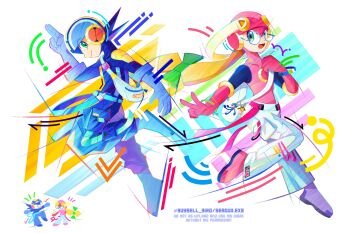 1boy 1girl alternate_costume black_bodysuit blonde_hair blue_bodysuit blue_helmet blue_pants bodysuit buysell_bird charm_(object) chibi chibi_inset full_body glasses green_eyes helmet highres leotard long_hair mega_man_(series) mega_man_battle_network_(series) megaman.exe netnavi pants pink_helmet pink_leotard roll.exe_(mega_man) rush_(mega_man_battle_network) salute short_hair spiked_hair two-finger_salute w white_pants