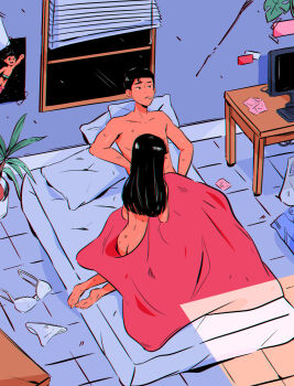 Rule 34 | 1boy, 1girl, atom (tetsuwan atom), black hair, bra, cigarette, collarbone, commentary, condom, condom wrapper, couple, english commentary, from behind, hetero, highres, indoors, long hair, monitor, monstera deliciosa, nude, on bed, original, panties, pillow, poster (object), short hair, stephanie priscilla, table, tetsuwan atom, topless male, under covers, underwear, unworn bra, unworn panties, window