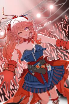 1girl ;d absurdres arknights bad_source bare_shoulders belt blue_dress boots bow dated dress earrings gloves glowing glowing_eyes glowstick hair_bow haruka_(arknights) highres idol jewelry long_hair looking_at_viewer mole mole_under_eye nai_l one_eye_closed one_side_up open_mouth pink_eyes pink_hair pointy_ears purple_eyes red_bow red_gloves smile solo stage strapless strapless_dress watermark