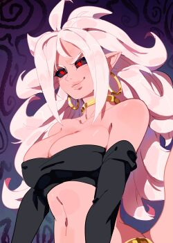 1girl absurdres android_21 bare_shoulders black_sclera black_sleeves black_tube_top breasts cleavage colored_sclera colored_skin crop_top detached_sleeves dragon_ball dragon_ball_fighterz earrings funnismonkis hashtag-only_commentary highres hoop_earrings jewelry large_breasts majin_android_21 navel pink_hair pink_skin pointy_ears red_eyes solo strapless tail tube_top upper_body