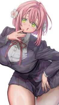 1girl arm_at_side arm_behind_back black_hair black_skirt blazer blush breasts commentary cowboy_shot double-parted_bangs dr.k_(doctorkodok) finger_to_cheek flower green_eyes hair_flower hair_intakes hair_ornament hanazono_hakari highres jacket kimi_no_koto_ga_dai_dai_dai_dai_daisuki_na_100-nin_no_kanojo lapels large_breasts layered_sleeves looking_at_viewer miniskirt neck_ribbon notched_lapels open_mouth pink_hair pleated_skirt red_ribbon ribbon school_uniform shirt short_hair simple_background skirt smile solo standing symbol-only_commentary thick_thighs thighs white_background white_shirt
