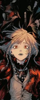 Rule 34 | 1girl, black background, cloak, fangs, gyujik qzc, highres, jacket, looking at viewer, medium hair, open mouth, quad braids, red cloak, red eyes, reverse:1999, rubuska, solo, teeth, upper body, white hair, white jacket