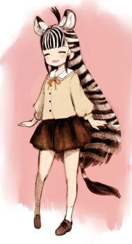 1girl animal_ears black_shoes black_skirt blunt_bangs commentary_request full_body happy ise_(0425) kemono_friends long_sleeves orange_ribbon plains_zebra_(kemono_friends) ribbon shoes skirt socks solo striped_hair sweater zebra_ears zebra_girl zebra_tail