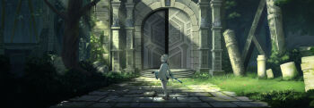 1girl absurdres arch architecture blonde_hair blue_eyes closed_mouth column commentary_request dappled_sunlight day from_behind grass highres hololive kazama_iroha long_hair looking_at_viewer looking_back outdoors pillar ruins same1029 scenery solo stairs standing statue sunlight tree virtual_youtuber wide_shot