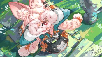 1girl ahoge animal_ear_fluff animal_ear_piercing animal_ears braid braided_twintails bright_pupils commentary_request from_above furry furry_female grass green_shirt hair_ornament heart_hands_over_eye highres long_hair looking_at_viewer open_mouth outdoors pink_fur pink_hair qingmi rabbit_ears rabbit_girl red_eyes screw shirt solo sphere_hair_ornament white_pupils zenless_zone_zero zhao_(zenless_zone_zero)