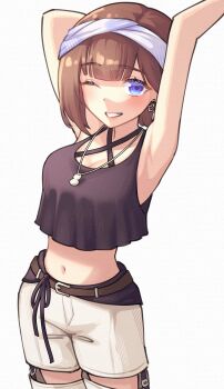 Rule 34 | 1girl, absurdres, arm behind head, armpits, arms up, bandana, black tank top, blue eyes, blurry, brown hair, buckle, commentary, cowboy shot, criss-cross halter, crop top, depth of field, detached pants, earrings, grin, halterneck, heart, heart-shaped buckle, highres, hololive, jewelry, looking at viewer, midriff, navel, necklace, official alternate costume, official alternate hair length, official alternate hairstyle, pants, presenting armpit, sher (imnotsher), short hair, simple background, smile, solo, star (symbol), star earrings, stretching, tank top, tokino sora, tokino sora (8th costume), virtual youtuber, white background, white pants