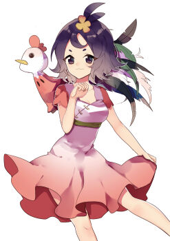 1girl :3 absurdres acerola_(pokemon) alternate_breast_size arbitrary bare_arms bare_legs breasts chinese_zodiac cleavage closed_mouth clothes_lift collarbone costume cowboy_shot dress dress_lift elite_four eyes_visible_through_hair feathers female_focus gen_7_pokemon hair_ornament highres looking_at_viewer medium_breasts mimikyu new_year nintendo outline pink_dress pokemon pokemon_(creature) pokemon_sm purple_eyes purple_hair rooster_costume short_eyebrows short_hair short_sleeves simple_background smile solo stitches topknot trial_captain white_background year_of_the_rooster