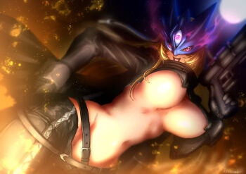 1girl absurdres beelstarmon belt black_belt black_coat black_gloves black_pants black_vest blonde_hair blue_mask breasts coat commentary_request cowboy_shot cropped_vest digimon digimon_(creature) eye_mask gloves glowing glowing_eyes groin gun highres holding holding_gun holding_weapon koutei_teki large_breasts leather leather_pants long_hair long_sleeves looking_at_viewer mask multiple-barrel_gun navel open_clothes open_coat open_mouth pants purple_eyes sidelocks solo standing stomach teeth third_eye tight_clothes tight_pants underboob upper_teeth_only vest weapon zipper