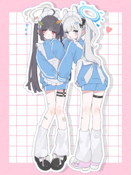 2girls absurdres ahoge alternate_costume alternate_hairstyle animal_ears apron back_bow bandaid bandaid_on_leg black_bow black_hair blue_archive blue_shorts blue_track_suit blunt_bangs blush bow braid closed_mouth commentary_request fake_animal_ears frilled_apron frills full_body gauze gauze_on_leg hair_bow hair_ornament hairclip halo hand_up heart highres jacket jersey_maid leaf_hair_ornament leg_warmers long_hair maid maid_headdress miyako_(blue_archive) miyu_(blue_archive) multiple_girls nervous open_mouth pink_background purple_eyes red_eyes short_shorts shorts sidelocks skindentation standing thigh_strap track_jacket track_suit twintails unconventional_maid very_long_hair watermark white_apron white_bow white_hair white_leg_warmers yuu_(yuu1601)