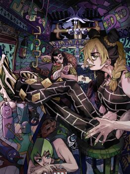 3girls absurdres birthmark braid bun_with_braided_base commentary_request diver_down_(stand) dodododo double_bun dreadlocks ermes_costello foo_fighters_(jojo) green_eyes green_lips green_nails hair_bun highres joestar_birthmark jojo_no_kimyou_na_bouken kuujou_jolyne kuujou_joutarou manhattan_transfer_(stand) menacing_(jojo) multicolored_hair multiple_girls sionagasu spider_web_print stand_(jojo) stone_ocean two-tone_hair