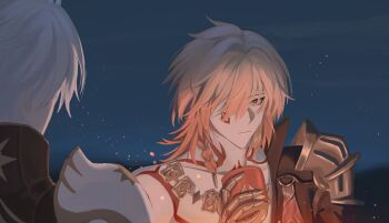 2boys absurdres antenna_hair arm_tattoo armor black_coat black_shirt blonde_hair braid chengshi84969 chest_tattoo chinese_commentary clawed_gauntlets coat commentary_request cup earrings facial_tattoo gold_earrings gold_necklace gradient_hair highres holding holding_cup honkai:_star_rail honkai_(series) jewelry looking_at_viewer male_focus medium_hair multicolored_hair multiple_boys mydei_(honkai:_star_rail) necklace night open_clothes open_coat outdoors pauldrons phainon_(honkai:_star_rail) red_hair red_tattoo shirt short_hair shoulder_armor side_braid single_pauldron sky tattoo white_hair yellow_eyes