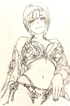 1girl bikini blush breasts cleavage go-toubun_no_hanayome half-closed_eyes highres large_breasts legs lips looking_at_viewer monochrome nakano_ichika navel open_clothes open_shirt seductive_gaze seductive_smile short_hair side-tie_bikini_bottom sketch smile solo swimsuit thighs thong_bikini traditional_media