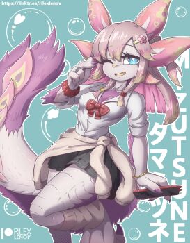 1girl animal_feet animal_nose arm_at_side artist_name bilingual_text black_skirt blue_background blue_eyes body_fur bow bowtie bracelet breasts bright_pupils bubble cellphone character_name claws clothes_around_waist colored_skin colored_tips female_focus finger_heart flower furry furry_female grey_skin hair_flower hair_ornament hairclip happy heart heart_in_eye highres holding holding_phone japanese_text jewelry leg_up leg_warmers long_hair looking_at_viewer miniskirt mixed-language_text mizutsune monster_hunter_(series) monster_hunter_wilds multicolored_hair one_eye_closed open_mouth outline patreon_username personification phone pink_hair pleated_skirt purple_fur red_bow red_bowtie red_scrunchie rilex_lenov ring school_uniform scrunchie shirt short_sleeves sidelocks skirt small_breasts smartphone smile solo standing standing_on_one_leg sweater sweater_around_waist symbol_in_eye tail_raised thick_thighs thighs watermark web_address white_outline white_pupils white_shirt wink wrist_scrunchie