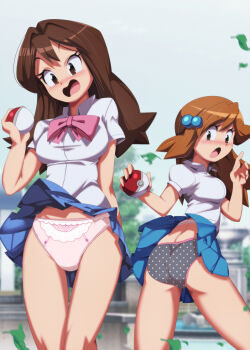2girls ahoge blush breasts brown_eyes brown_hair building camisole character_request collared_shirt curled_fingers embarrassed euf-dreamer falling_leaves female_focus frilled_panties frills grey_panties hair_bobbles hair_ornament hands_up highres holding holding_poke_ball knees leaf legs long_hair medium_breasts midriff miniskirt multiple_girls nintendo open_mouth orange_hair outdoors panties pink_panties poke_ball pokemon school_uniform shirt short_sleeves sidelocks skirt sky thigh_gap thighs underwear wardrobe_malfunction wind wind_lift