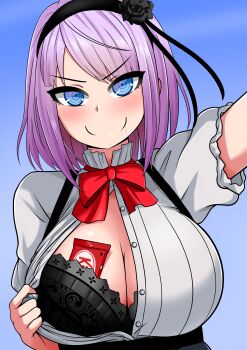 1girl absurdres black_bra blue_eyes blush bow bra breasts cleavage clothes_pull dagashi_kashi drooling hair_bow hairband highres in_heat kitkat large_breasts looking_at_viewer medium_hair naughty_face pulling_own_clothes purple_hair shidare_hotaru skirt smile solo teasing the_only_shoe unbuttoned unbuttoned_shirt underwear