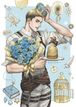 Rule 34 | 1boy, apple, apricitas, aquiline nose, balloon, belt, belt buckle, bird, birdcage, black hair, blonde hair, blue eyes, blue flower, blue rose, bouquet, brown belt, buckle, cage, collared shirt, commentary, crown, dove, erwin smith, flower, food, fruit, hashtag-only commentary, highres, holding, holding bouquet, holding plate, male focus, multicolored hair, nose, pants, plate, rose, seashell, shell, shingeki no kyojin, shirt, short hair, sleeves rolled up, smile, solo, standing, sunflower, suspenders, teeth, twitter username, two-tone hair, white bird, white pants, white shirt, wing collar, yellow flower
