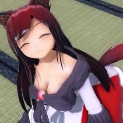1girl 3d :3 animal_ears animated breasts cleavage downblouse imaizumi_kagerou jiggle long_hair looking_at_viewer medium_breasts mofumoko5 no_bra red_eyes red_hair smile solo tail tail_wagging thighs touhou video wolf_ears