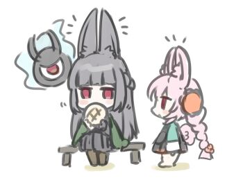 2girls animal_ear_fluff animal_ears black_hair black_hakama braid bread chibi colored_shadow commentary_request food green_jacket hakama hakama_skirt holding holding_food hoshimi_miyabi jacket japanese_clothes long_hair low_twintails melon_bread multiple_girls natsume_eri no_shoes notice_lines on_bench profile rabbit_ears rabbit_girl rabbit_tail shadow simple_background sitting sketch skirt standing tail twin_braids twintails very_long_hair white_background zenless_zone_zero zhao_(zenless_zone_zero)