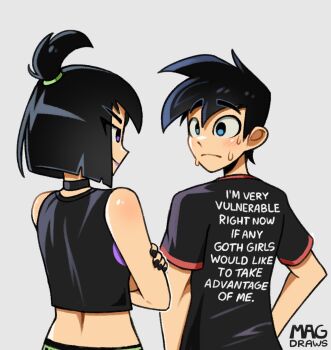1boy 1girl artist_name back_peek black_choker black_hair black_nails black_shirt blue_eyes blunt_ends blush bob_cut choker closed_mouth clothes_writing commentary crop_top crossed_arms danny_fenton danny_phantom english_commentary english_text eye_contact facing_away from_behind goth_fashion grey_background hand_on_own_arm highres light_frown looking_at_another mag_(magdraws) nervous nervous_sweating purple_eyes purple_lips raised_eyebrows sam_manson shiny_skin shirt short_hair signature simple_background sleeveless sleeveless_shirt smile spiked_hair spine standing sweat t-shirt thick_eyebrows topknot turning_head wide-eyed