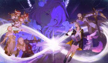 2boys 6+girls abs absurdres aglaea_(honkai:_star_rail) amphoreus_(honkai:_star_rail) ancient_greek_clothes animal_ears antenna_hair armor as_i&#039;ve_written_(honkai:_star_rail) bare_shoulders belt black_boots black_choker black_gloves black_jacket black_pants black_shirt black_skirt black_sky blonde_hair blue_cape blue_eyes body_markings book boots bracelet braid breasts brown_belt brown_boots cape choker clenched_hand closed_mouth clothing_cutout collared_dress commentary covered_eyes cowboy_shot creature cyrene_(demiurge)_(honkai:_star_rail) cyrene_(honkai:_star_rail) dawnmaker_(honkai:_star_rail) dress dual_persona english_commentary faulds fingerless_gloves fingernails floating_cape floating_clothes flower flower-shaped_pupils flying full_body gauntlets gloves gold_bracelet gold_necklace gold_trim greco-roman_clothes grey_hair grey_pants hair_between_eyes hair_flower hair_ornament hair_over_eyes hair_over_one_eye hair_ribbon hand_up head_wreath highres holding holding_quill holding_sword holding_weapon honkai:_star_rail honkai_(series) jacket jewelry juliet_sleeves laurel_crown leaf_hair_ornament lips long_hair long_sleeves looking_at_another medium_breasts mem_(honkai:_star_rail) mini_wings miniskirt mobius_strip multicolored_hair multiple_boys multiple_girls muscular muscular_male mydei_(honkai:_star_rail) nail_polish necklace off-shoulder_dress off_shoulder official_alternate_costume official_alternate_hairstyle open_book open_clothes open_jacket open_mouth orange_eyes orange_hair outdoors pants pectorals phainon_(honkai:_star_rail) pink_fur pink_hair pink_nails puffy_long_sleeves puffy_sleeves purple_eyes purple_flower purple_rose quill red_cape red_hair ribbon ring rose shirt short_hair short_sleeves shoulder_cutout sidelocks single_bare_shoulder single_braid single_glove skirt sky smile space star_(symbol) stelle_(honkai:_star_rail) streaked_hair sun_symbol suqling sword symbol-shaped_pupils t-shirt tail teeth thigh_strap trailblazer_(honkai:_star_rail) trianne_(honkai:_star_rail) tribbie_(honkai:_star_rail) trinnon_(honkai:_star_rail) triplets two-sided_cape two-sided_fabric two-sided_gloves two-sided_jacket upper_body v-shaped_eyebrows weapon white_dress white_flower white_hair white_jacket white_rose white_shirt wings yellow_cape yellow_eyes yellow_gloves yellow_jacket yellow_ribbon