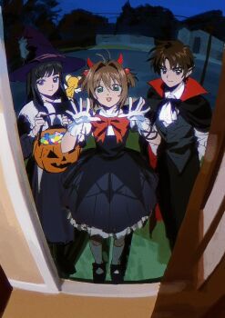 1boy 2girls black_cape black_dress black_hair bow bowtie brown_hair cape cardcaptor_sakura commentary daidouji_tomoyo demon_horns door dress gloves green_eyes hair_bobbles hair_ornament halloween halloween_costume hat horns jack-o&#039;-lantern kero_(cardcaptor_sakura) kinomoto_sakura li_syaoran ling5707 long_hair looking_at_viewer multiple_girls night open_mouth pointy_ears red_bow red_bowtie short_hair standing symbol-only_commentary trick_or_treat white_gloves witch_hat
