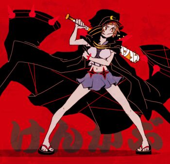 Rule 34 | 10s, 1girl, bad id, bad pixiv id, banchou, baseball bat, blue skirt, brown hair, delinquent, female focus, hat, jacket, jacket on shoulders, kill la kill, mankanshoku mako, midriff, nail (hardware), nail bat, sandals, school uniform, serafuku, short hair, skirt, solo, spoilers, weapon, zaramesennbei