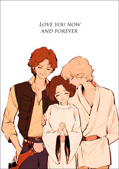 1girl 2boys animification bad_id bad_pixiv_id belt blonde_hair blush brown_hair carrie_fisher closed_eyes double_bun donut_hair_bun hair_bun han_solo kissing_head highres holster luke_skywalker multiple_boys noaki own_hands_clasped own_hands_together princess_leia short_hair star_wars star_wars:_a_new_hope