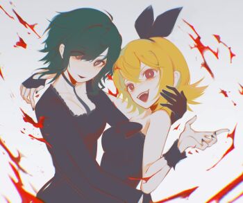 2girls black_bow black_dress black_gloves black_hairband black_neckerchief blonde_hair bow commentary_request dancing dress fangs fingerless_gloves gloves green_hair gumi hair_bow hairband highres kagamine_rin laari_000 looking_at_viewer multiple_girls neckerchief open_mouth parted_lips red_eyes short_hair smoke strapless strapless_dress vocaloid wrist_cuffs yuri