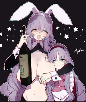 2girls :d absurdres animal_ear_hairband animal_ears arm_around_neck black_background black_shrug blue_eyes blush bottle breasts cheek-to-breast closed_eyes closed_mouth collared_shrug commentary_request convenient_censoring drunk eurasia_(wtp09ptw14) facing_viewer fake_animal_ears francoise_(eurasia) glass_bottle hair_between_eyes hairband highres holding holding_bottle huge_breasts long_hair long_sleeves looking_at_viewer multiple_girls open_mouth original parted_bangs purple_hair rabbit_ear_hairband rabbit_ears red_hairband reverse_bunnysuit reverse_outfit shrug_(clothing) sketch smile star_(symbol) time_paradox upper_body white_hairband white_wrist_cuffs wine_bottle wrist_cuffs