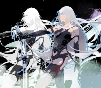 1girl a2_(nier:automata) android armlet asymmetrical_legwear black_background black_gloves black_shorts black_tank_top black_thighhighs blue_outline breasts cofffee elbow_gloves floating_hair gloves grey_eyes holding holding_sword holding_weapon jewelry joints katana light_particles long_hair medium_breasts mismatched_legwear mole mole_under_mouth nier:automata nier_(series) outline robot_joints short_shorts shorts single_thighhigh solo sword tank_top thighhighs very_long_hair virtuous_contract weapon white_hair zoom_layer