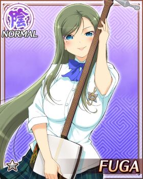Rule 34 | blue bow, blue bowtie, blue eyes, border, bow, bowtie, breasts, card (medium), character name, english text, fuga (senran kagura), game cg, green hair, green skirt, holding, holding instrument, holding plectrum, instrument, large breasts, long hair, long sleeves, looking at viewer, mole, mole under eye, official alternate costume, official art, parted bangs, parted lips, plaid clothes, plaid skirt, plectrum, sakigei municipal academy school uniform, school uniform, senran kagura, senran kagura new wave, shamisen, shirt, skirt, smile, treble clef, white shirt
