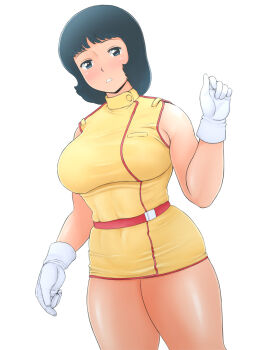1girl belt black_hair blue_eyes breasts commentary_request cowboy_shot dai_gyaku_ten fa_yuiry gloves gundam highres large_breasts long_sleeves medium_hair military_uniform open_mouth red_belt simple_background sleeveless solo thick_thighs thighs white_background white_gloves zeta_gundam