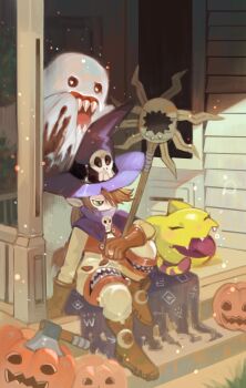 Rule 34 | 1boy, bakemon, blue cape, blue hat, brown hair, cape, digimon, digimon (creature), full body, halloween, hat, holding, holding staff, long hair, nyaromon, sitting, staff, stairs, time-season, wizard hat, wizarmon