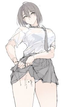 1girl ahoge azur_lane baltimore_(after-school_ace)_(azur_lane) baltimore_(azur_lane) blush breasts brown_eyes brown_hair closed_eyes collared_shirt grey_necktie grey_skirt highres large_breasts looking_at_viewer necktie panties pleated_skirt shirt short_hair short_sleeves simple_background skirt solo sweat sweatdrop underwear wet wet_clothes white_background white_panties white_shirt wringing_clothes wringing_skirt zekkyon