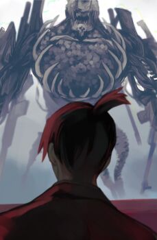 1boy 1other assault_rifle black_hair black_jacket chainsaw_man fog gun gun_devil_(chainsaw_man) handgun hayakawa_aki highres jacket looking_away nakano_(2_mannaka) open_mouth rifle sharp_teeth short_hair skull sniper spine teeth topknot weapon