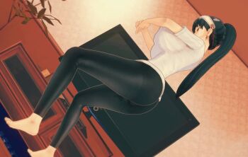 1girl 3d alternate_costume animated ass ass_shake barefoot black_hair black_pants breasts covered_erect_nipples female_focus from_below from_side full_body hands_up huge_ass huge_breasts indoors koikatsu_(medium) long_hair looking_afar looping_animation pants pepperbox ponytail profile red_eyes shirt short_sleeves solo spy_x_family t-shirt tagme television tiptoes toes video white_shirt yoga_pants yor_briar