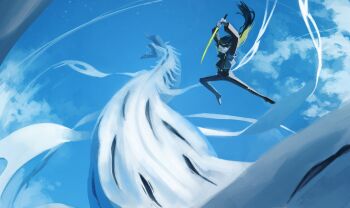 Rule 34 | 1other, animal, animal request, art fight attack, black hair, blue sky, borrowed character, cloud, cloudy sky, commentary, day, english commentary, falling, full body, gift art, green hair, high ponytail, highres, holding, holding sword, holding weapon, imminent attack, jacket, multicolored hair, original, outdoors, outstretched leg, ponytail, sky, sky focus, sword, toebeez, two-tone hair, weapon